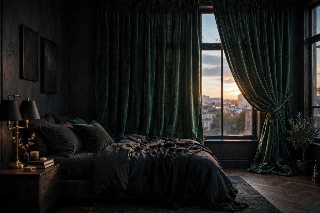 Moody bedroom with heavy dark velvet curtains