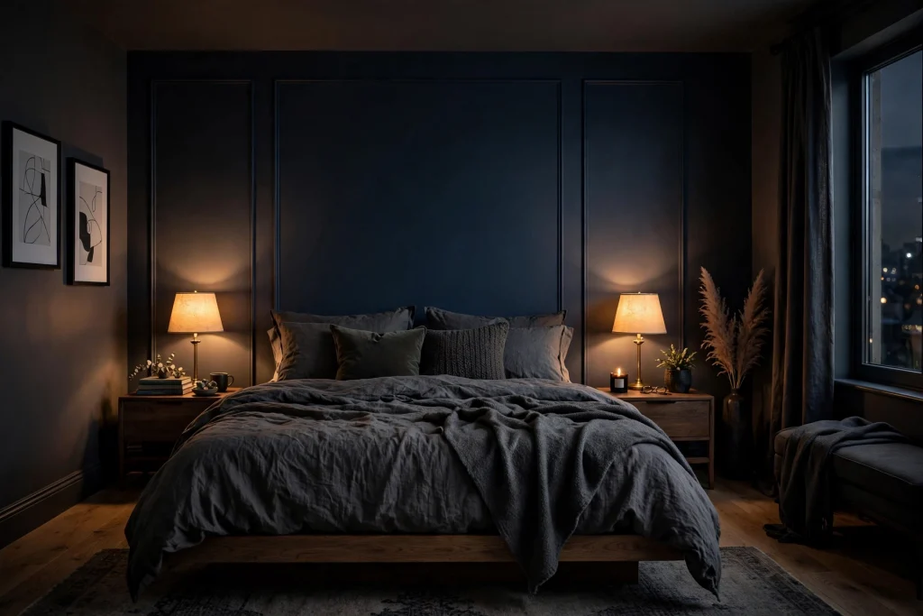 Moody bedroom with dark accent wall behind the bed