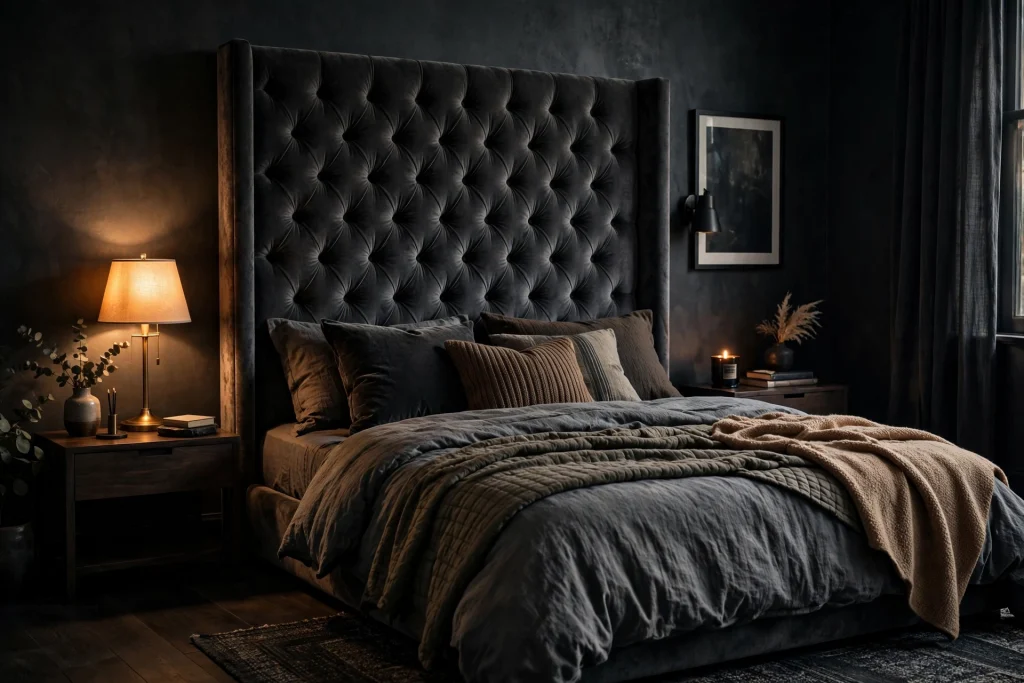 Moody bedroom with tall tufted velvet headboard