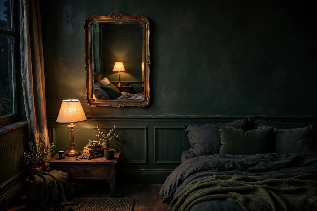 Moody bedroom with antique brass-framed mirror