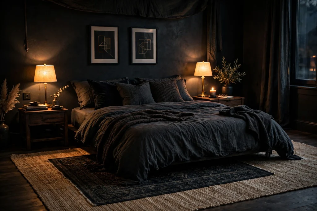 Moody bedroom with layered rugs under the bed