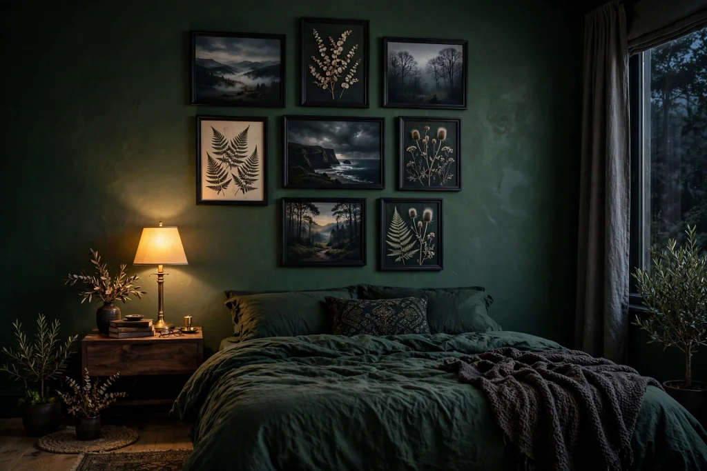 Moody bedroom gallery wall with dark-framed artwork