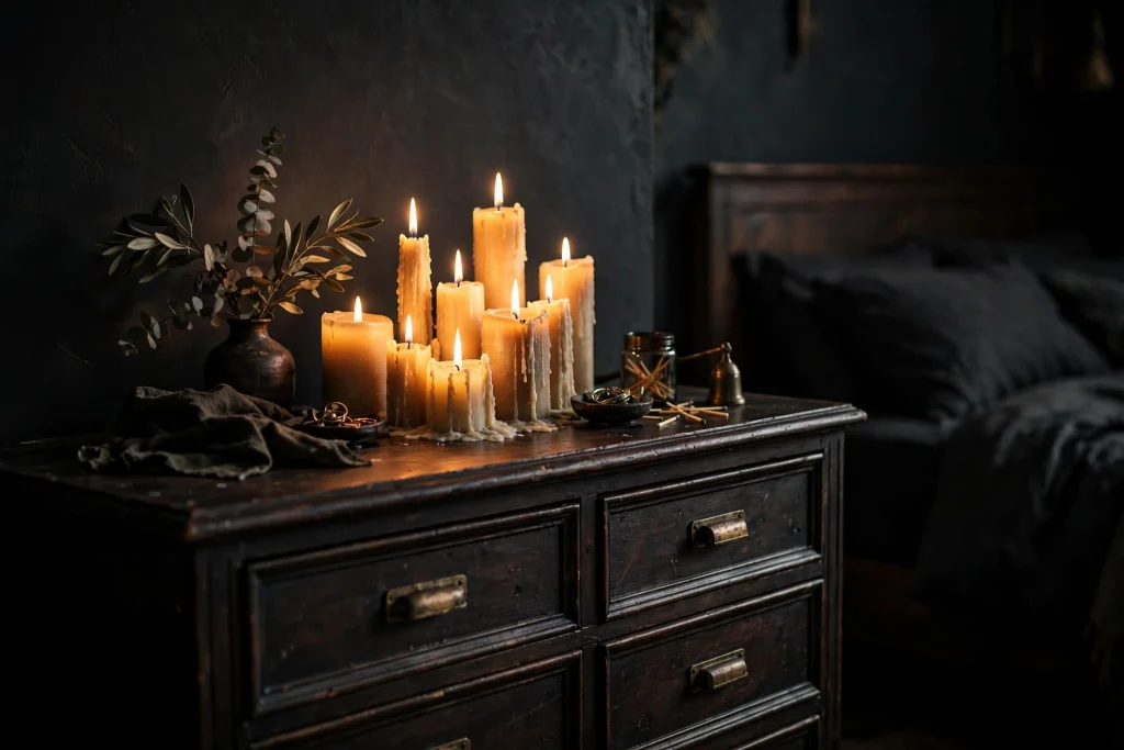 Moody bedroom dresser styled with clustered candles