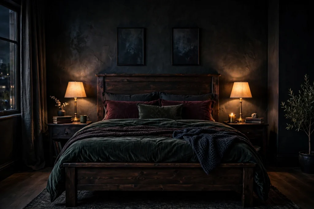 Moody bedroom with dark wood bed frame
