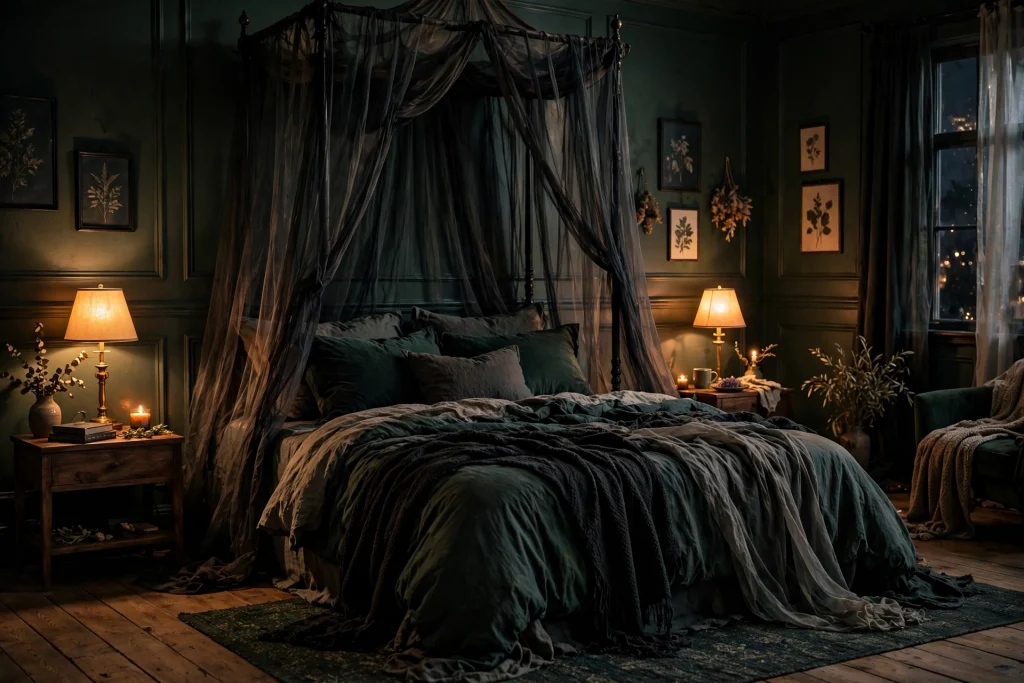 Moody bedroom with dark canopy drapes over the bed