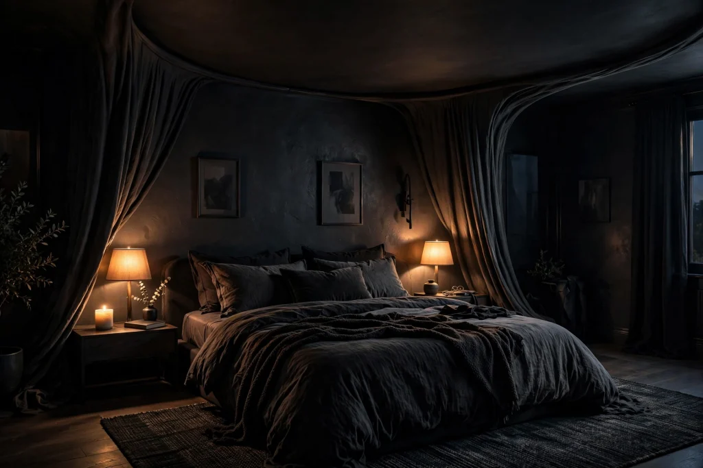 Moody bedroom with dark painted ceiling