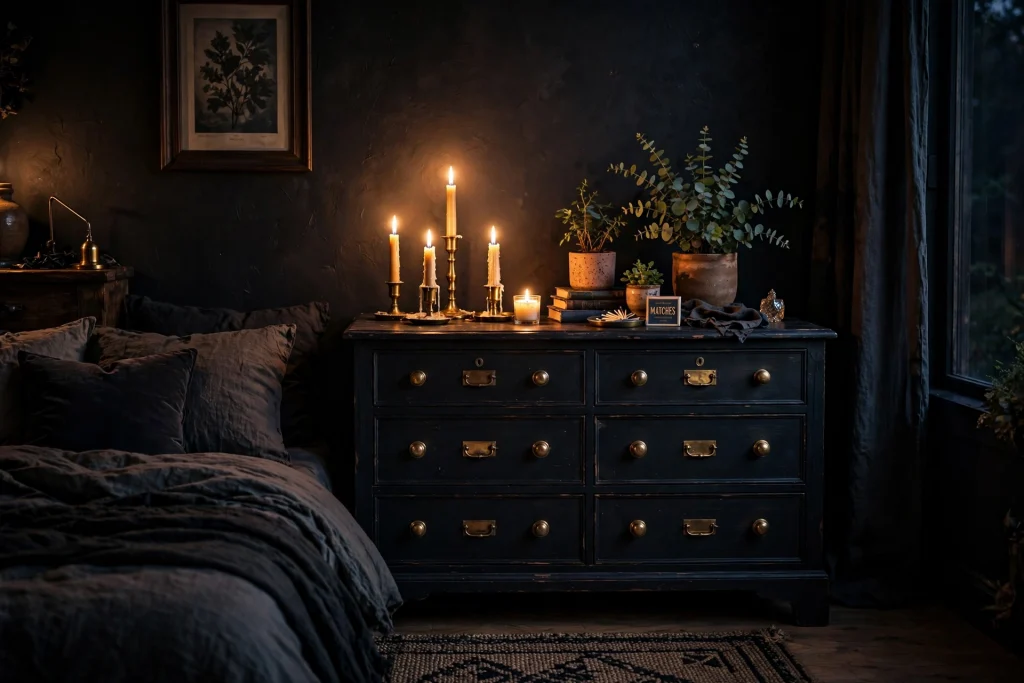 Moody bedroom with dark painted dresser and brass hardware