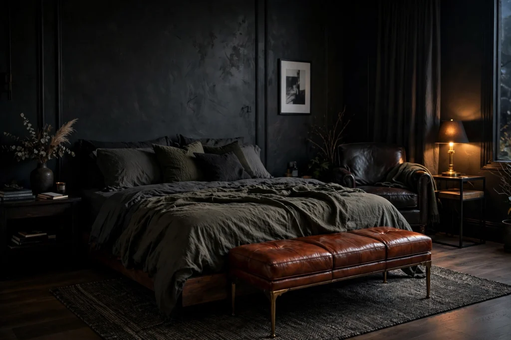 Moody bedroom with cognac leather bench at foot of bed