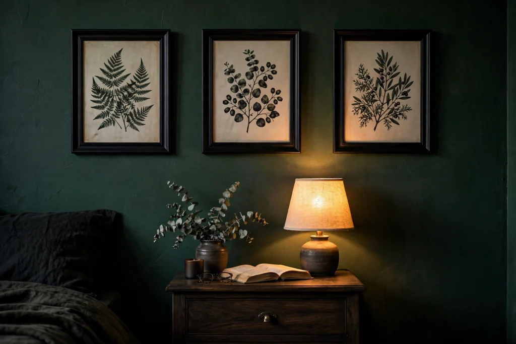 Moody bedroom with dark botanical prints in black frames