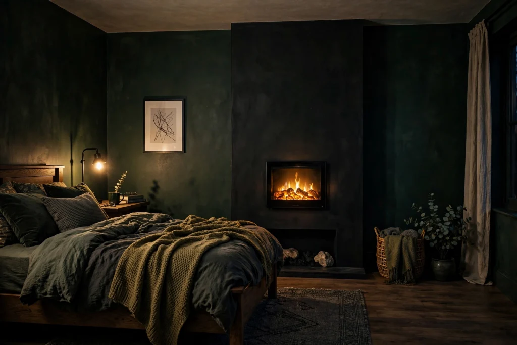 Moody bedroom with fireplace as focal point