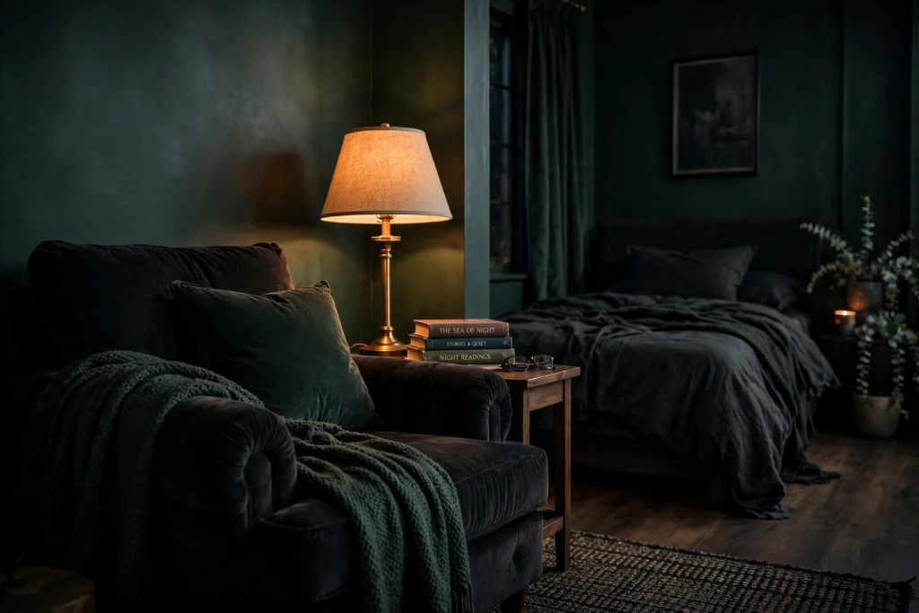 Moody bedroom reading nook with armchair and floor lamp