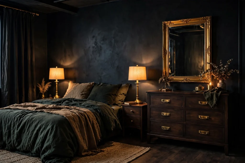 Moody bedroom with brass lamp and gold accents