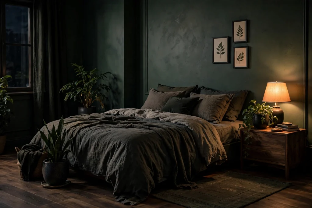 Moody bedroom with snake plant in dark ceramic pot