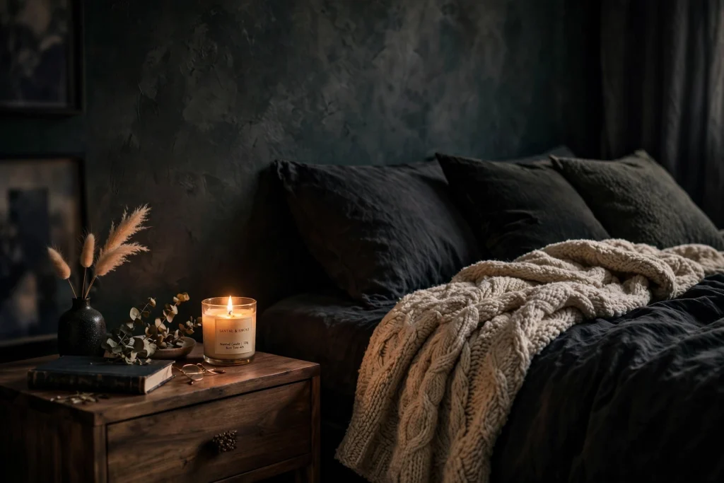 Moody bedroom with smoky cedar candle and plush throw