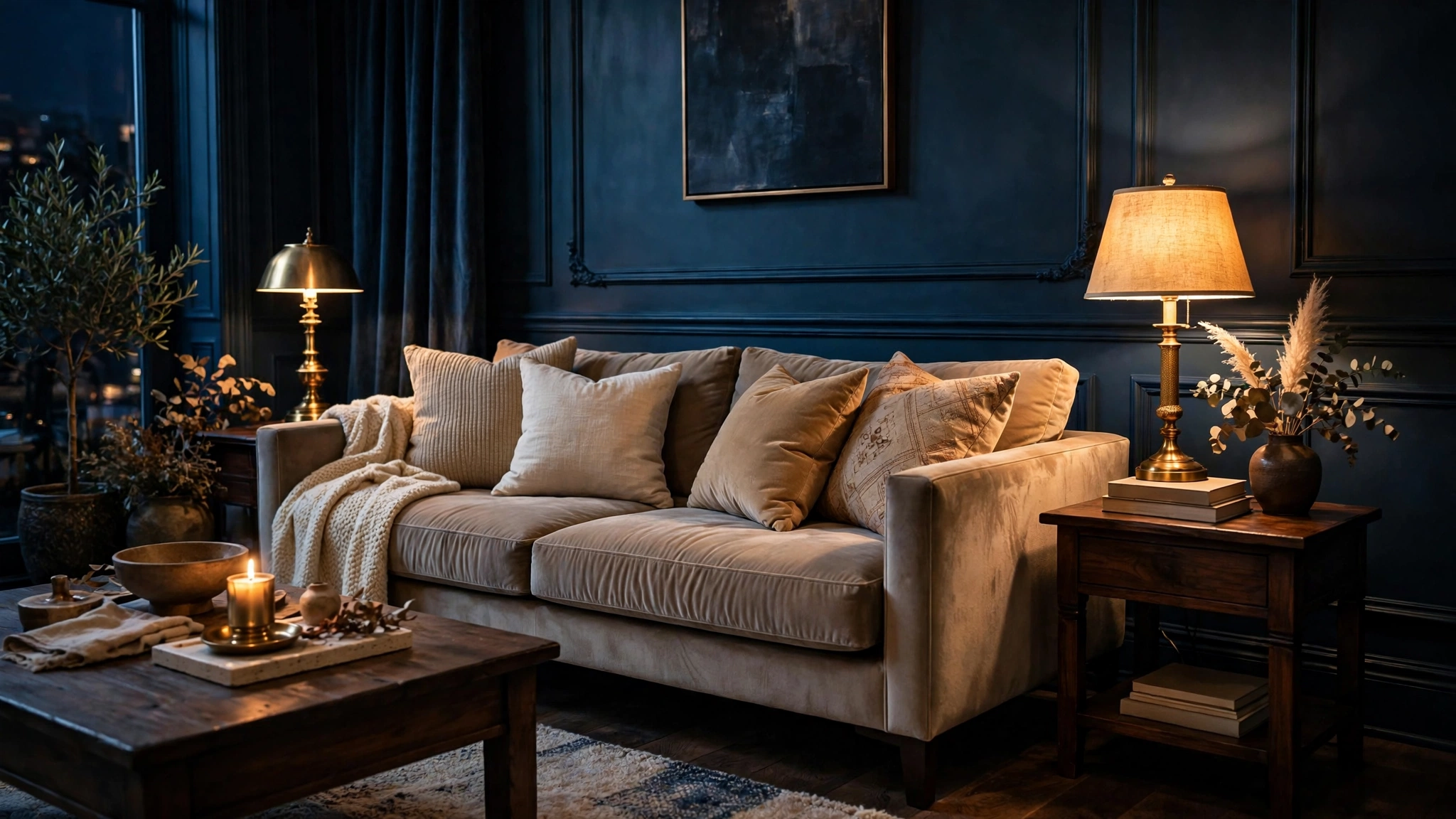Living room with deep inky blue walls and brass lamp