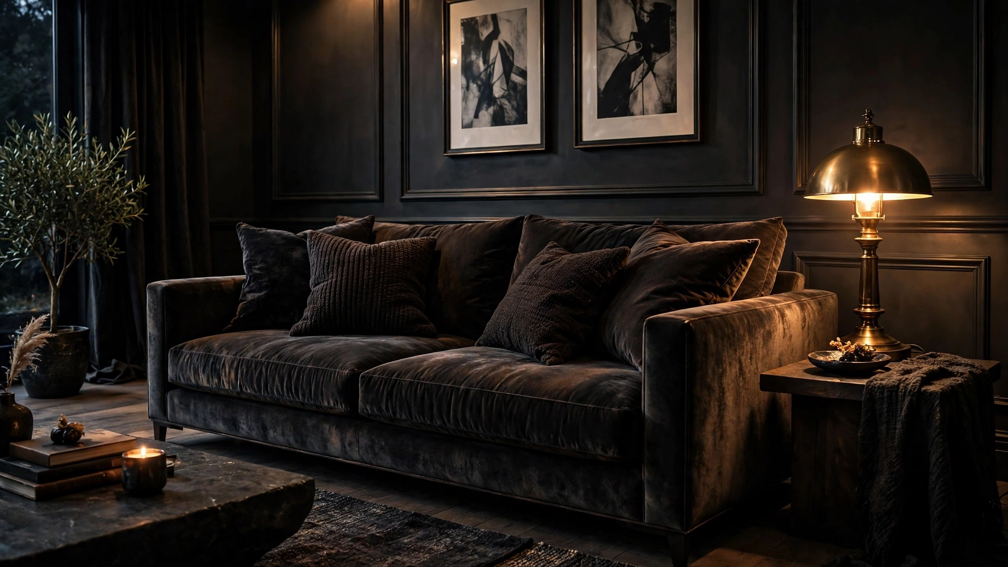 Charcoal grey sofa in a moody living room