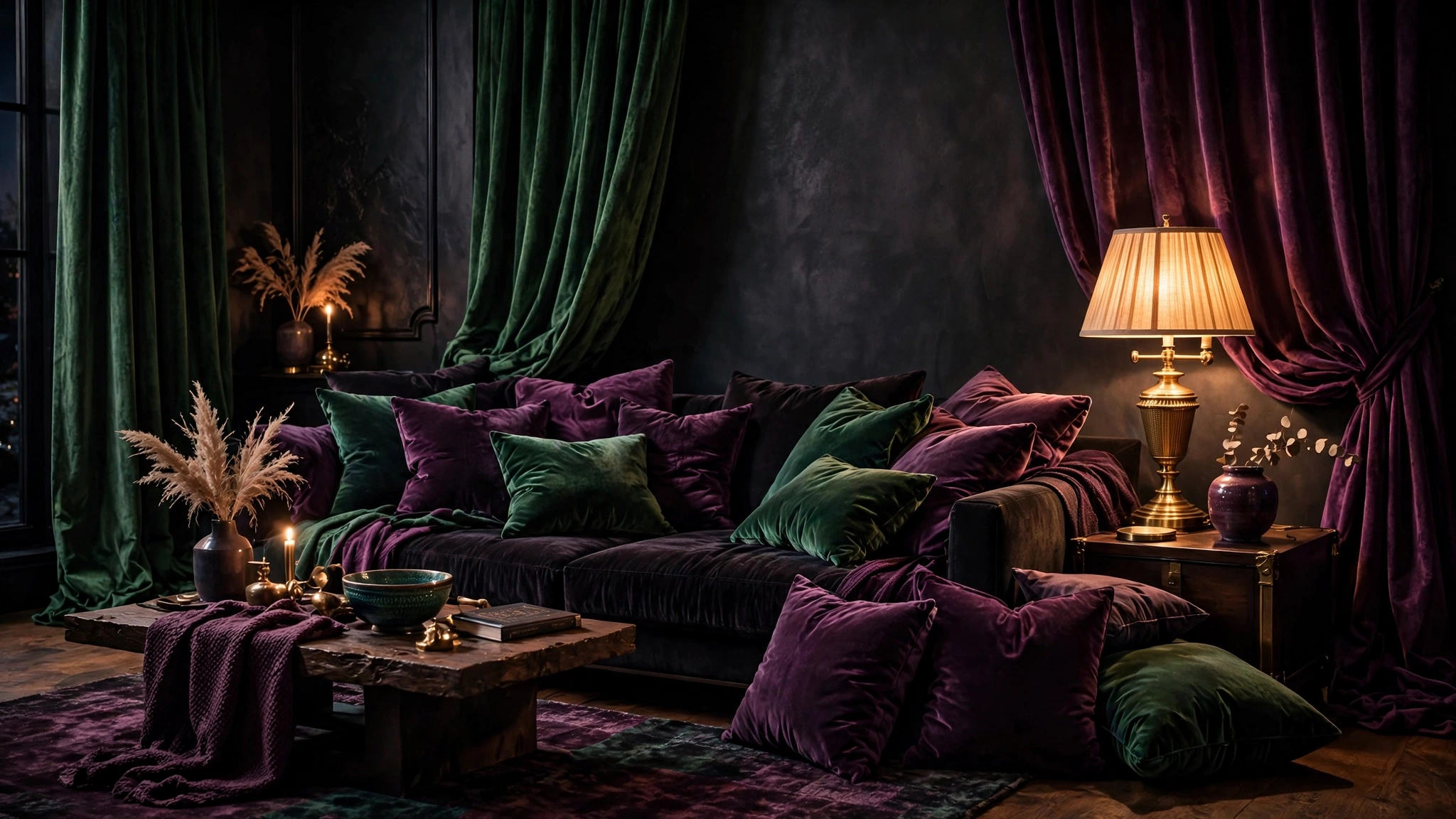 Emerald and plum velvet cushions on a dark sofa