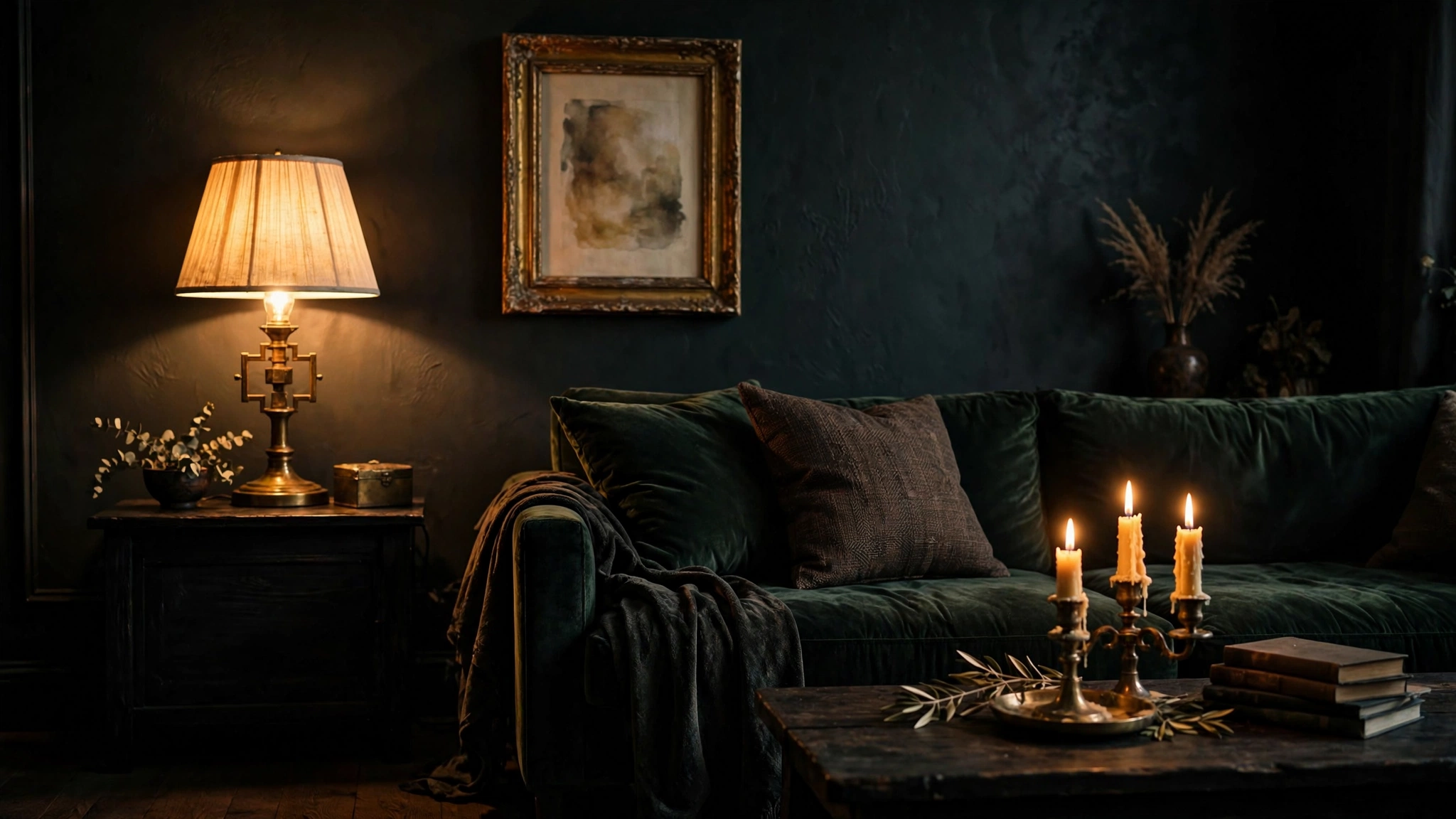 Brass table lamp and aged gold mirror frame in a dark living room