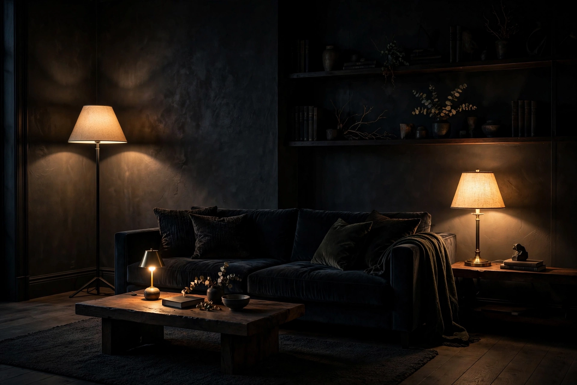 Layered lamp lighting in a moody living room at night