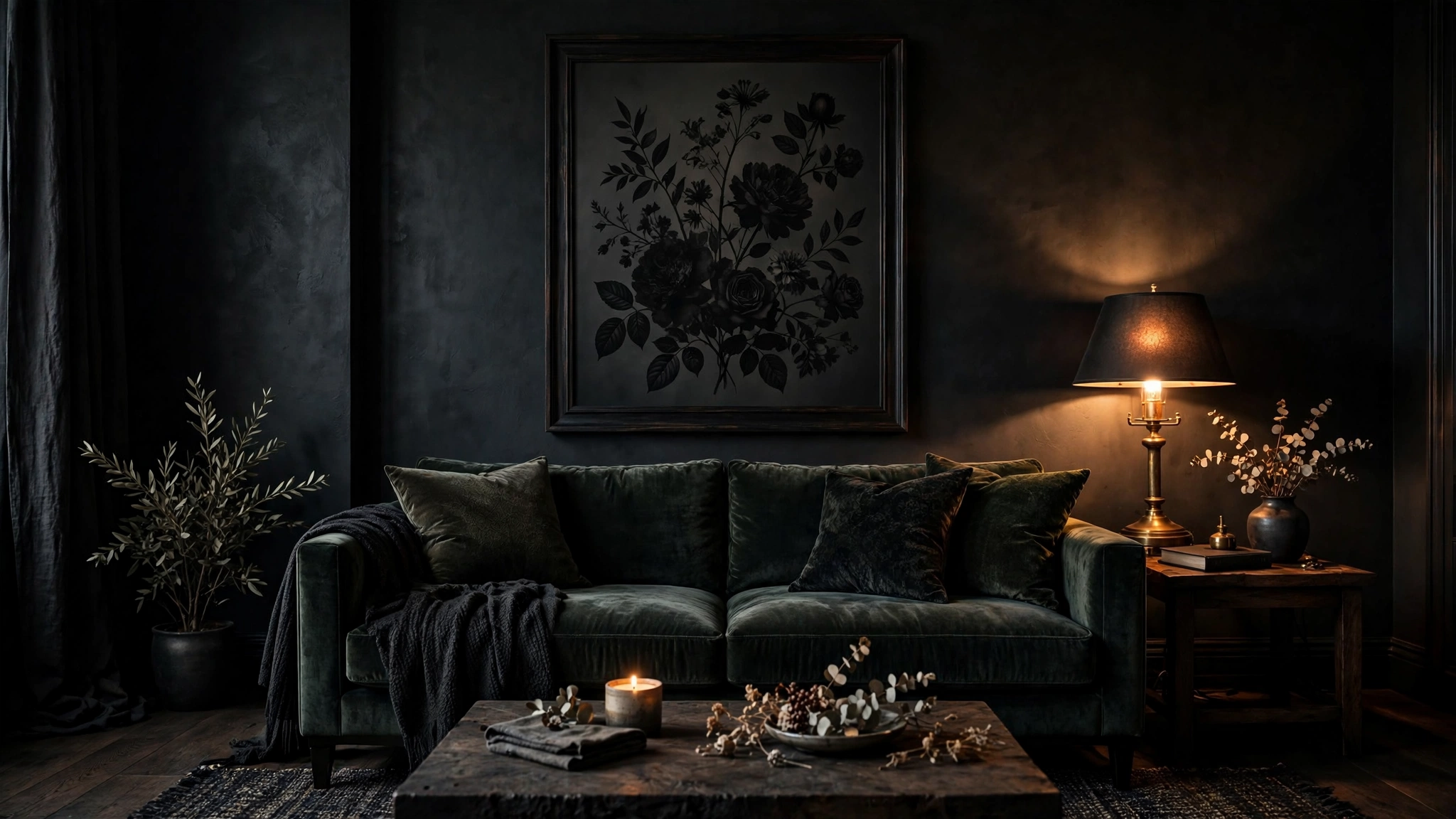 Large dark floral art print on a moody wall
