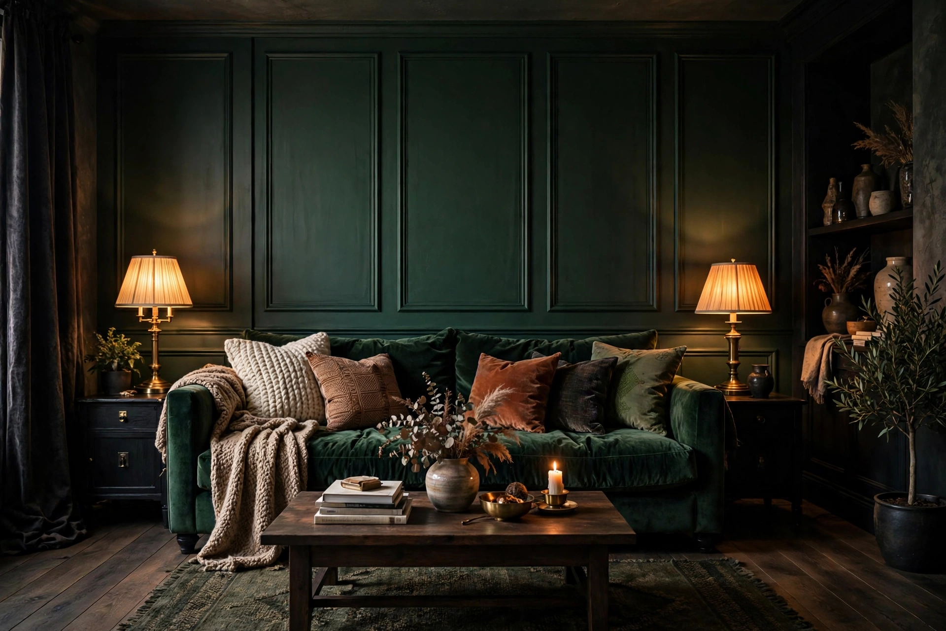 Forest green feature wall behind a dark sofa