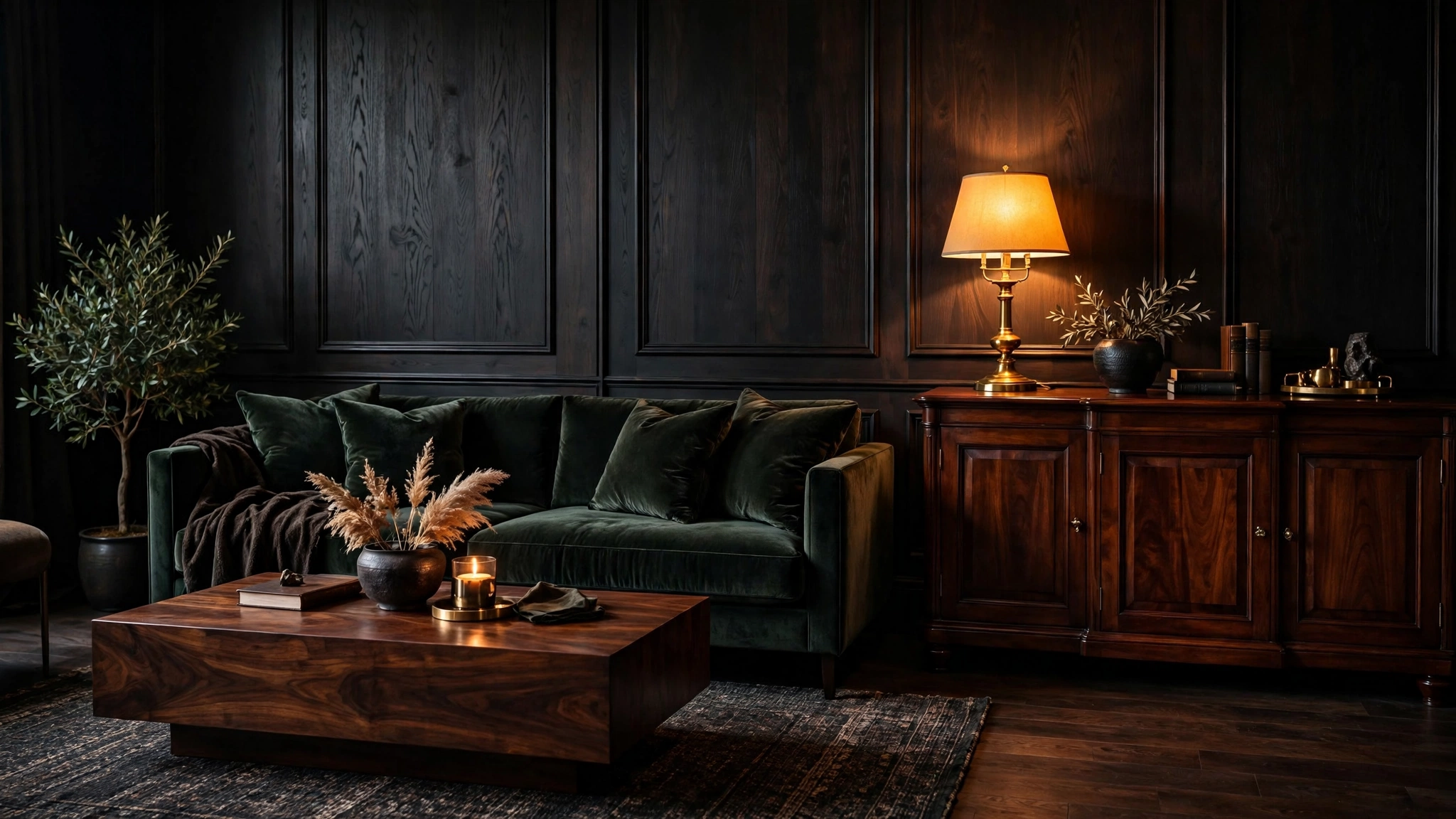 Dark walnut wood coffee table in a moody living room