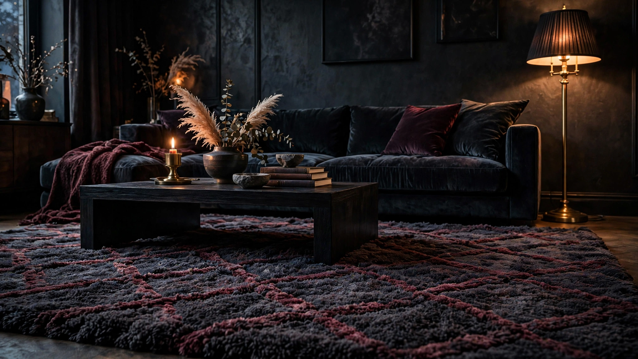 Deep-pile charcoal rug in a dark living room