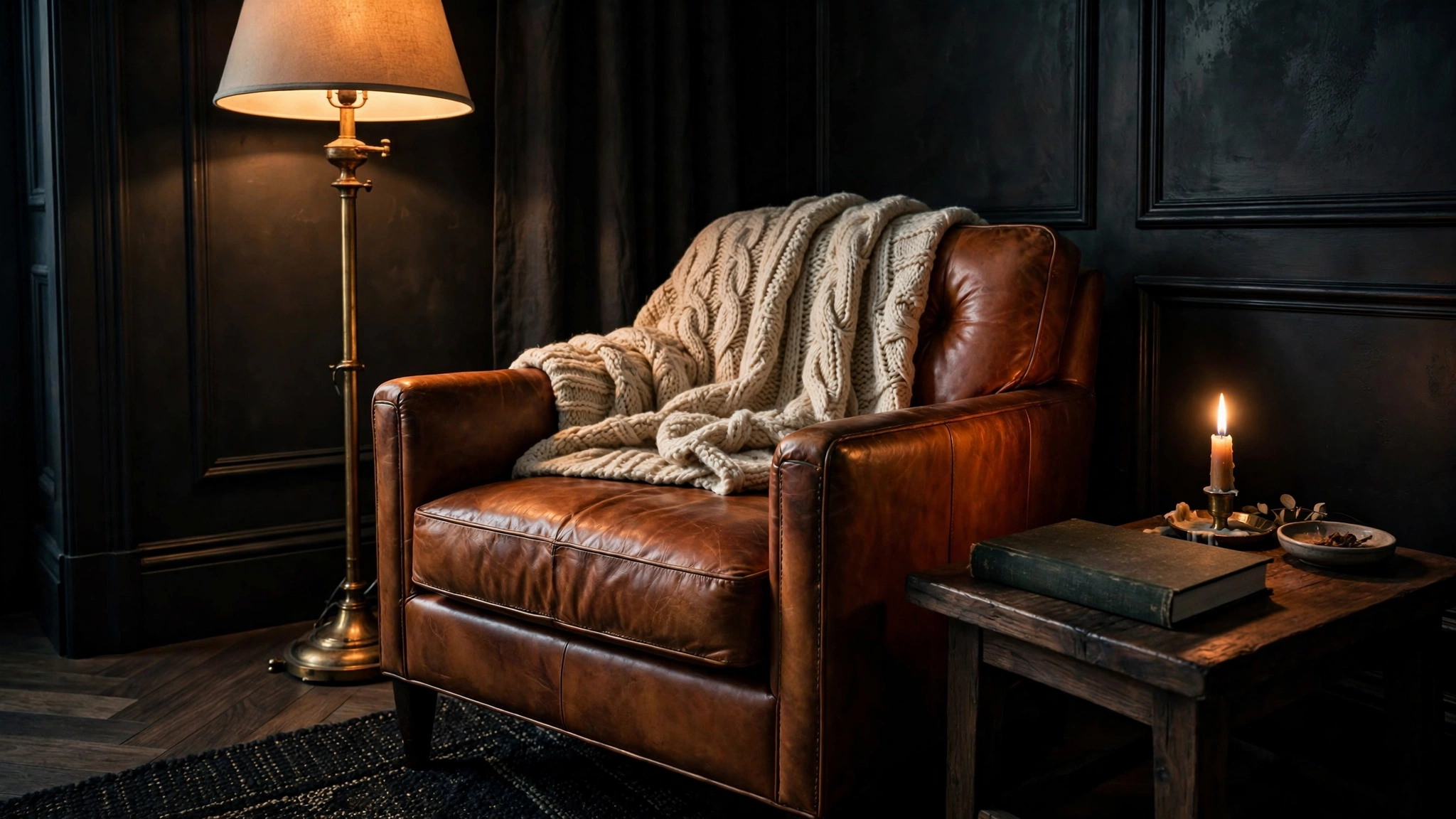 Cognac leather armchair with a chunky knit throw