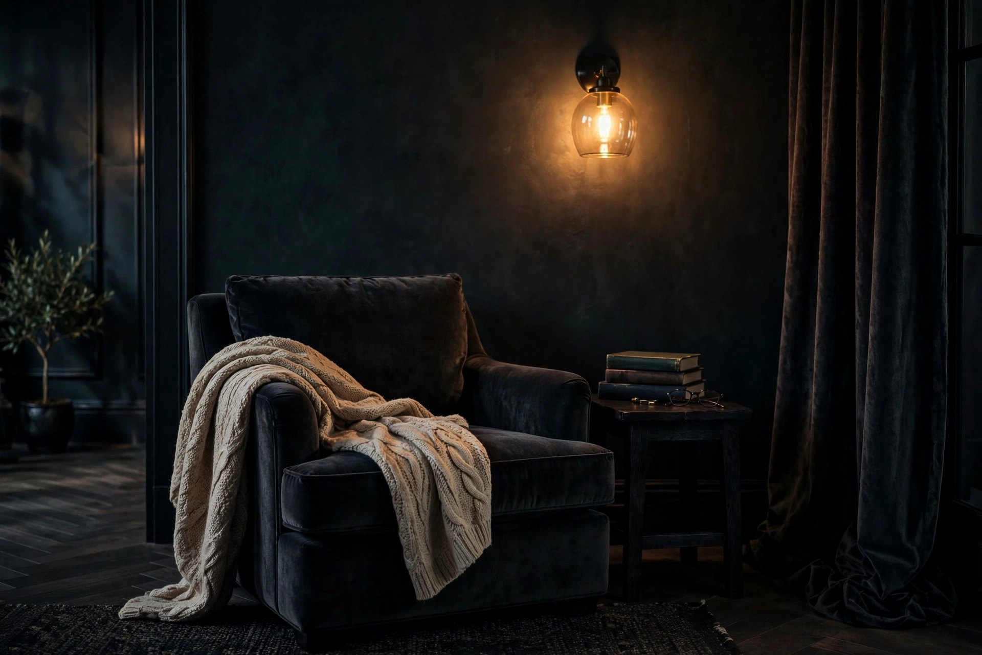 Cosy reading nook with a warm wall sconce in a dark corner