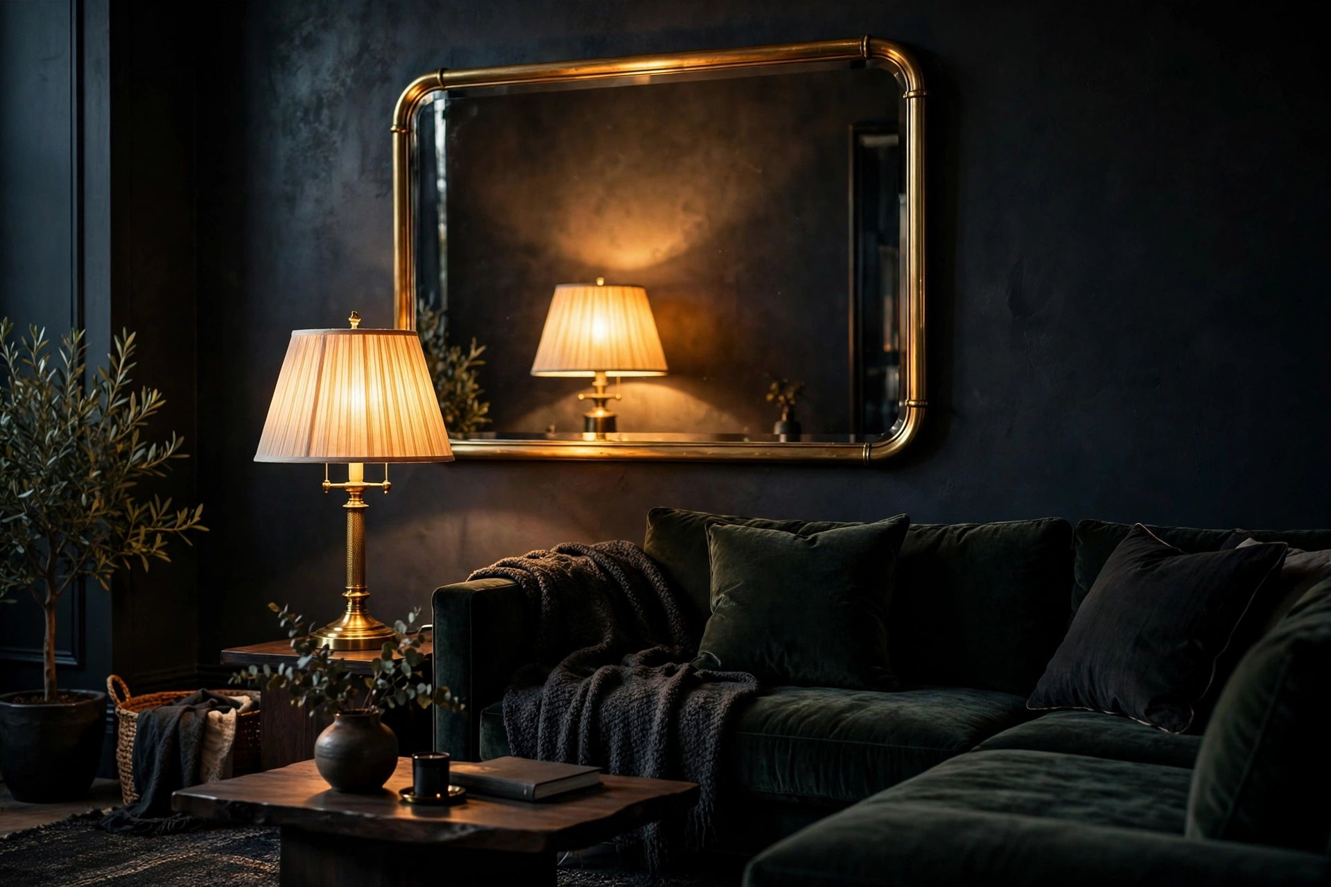 Large brass-framed mirror reflecting lamplight in a dark living room