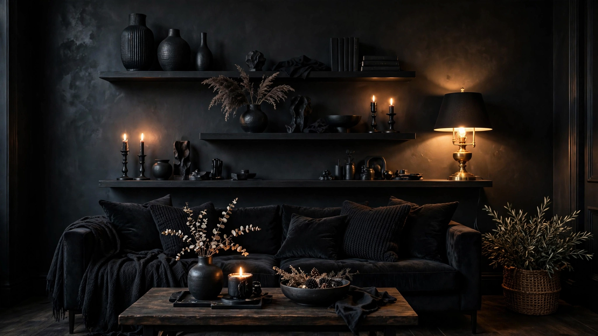 Black picture frames and decor accents layered on dark walls