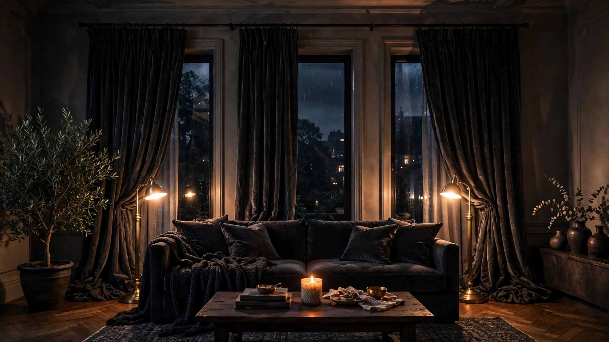 Floor-to-ceiling heavy dark curtains framing a window