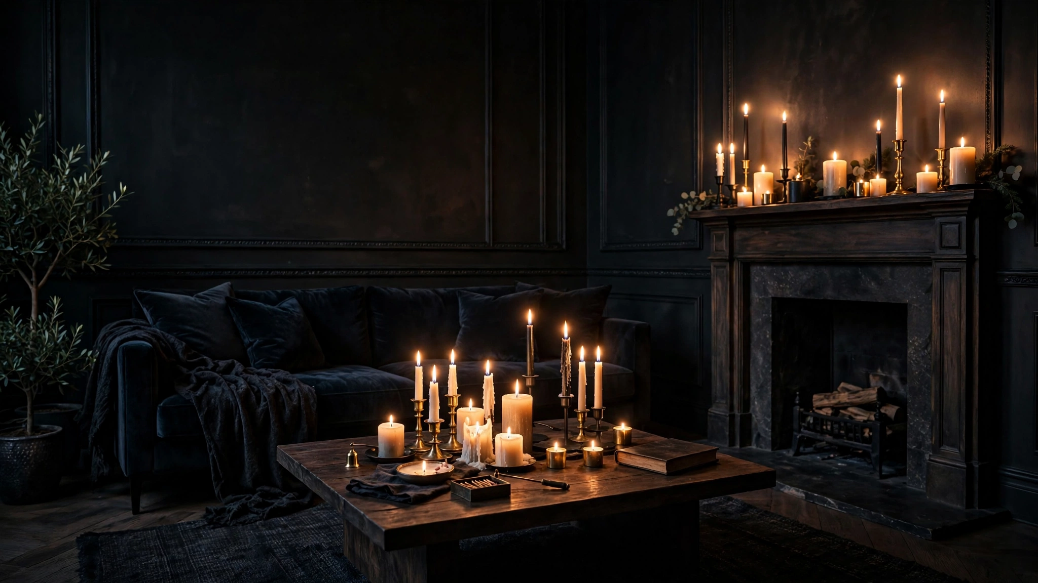 Cluster of candles glowing on a coffee table in a moody living room