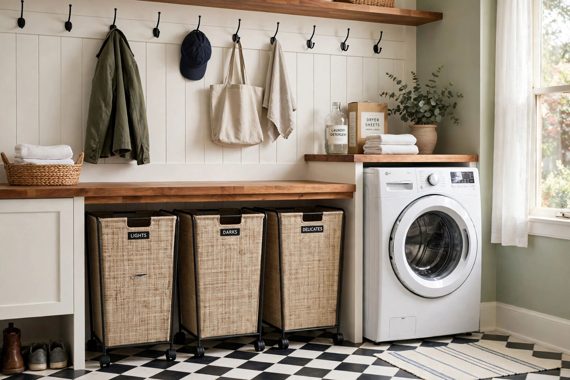 Use Rolling Sorting Hampers That Tuck Away