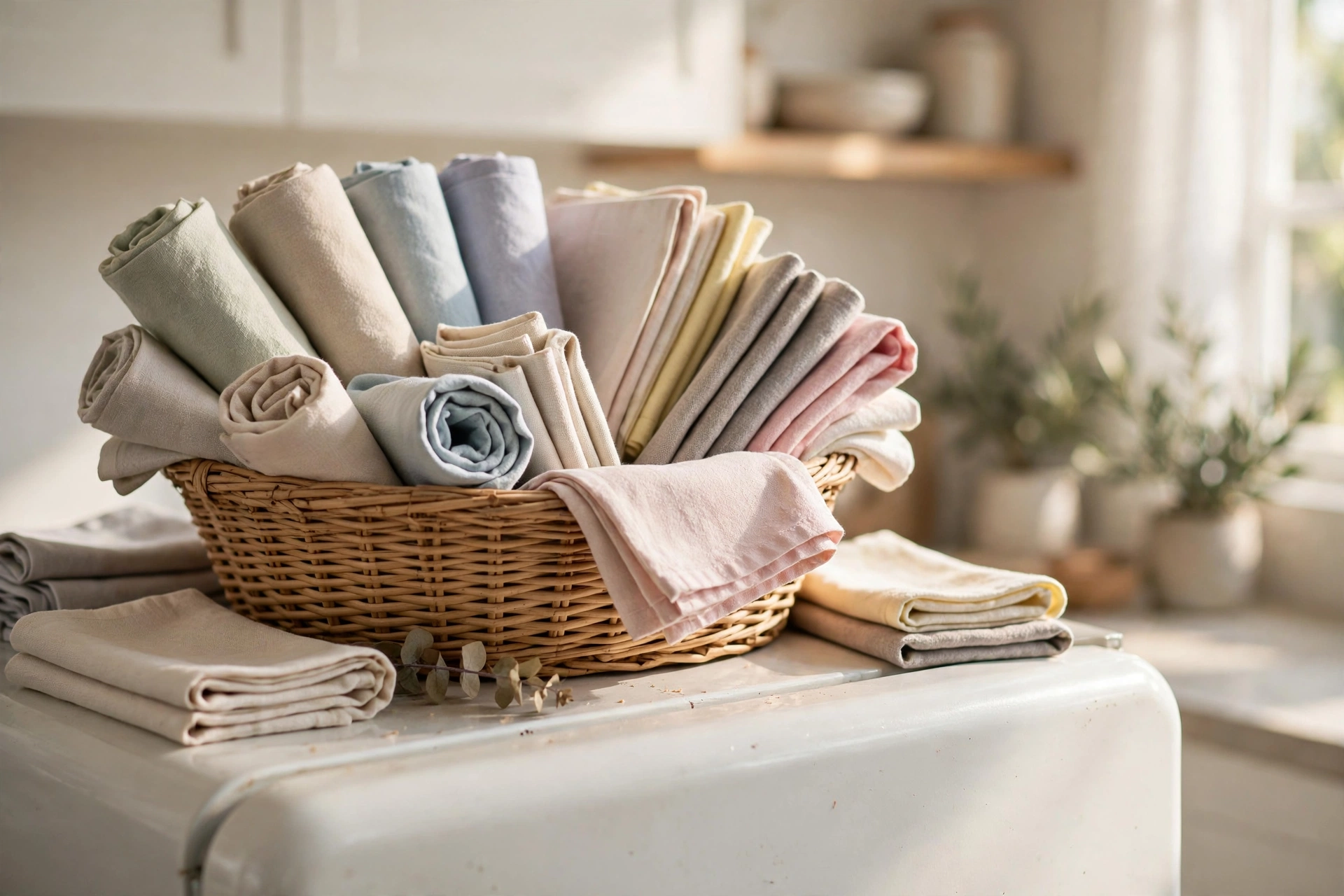 Roll Linens and Tablecloths in a Basket