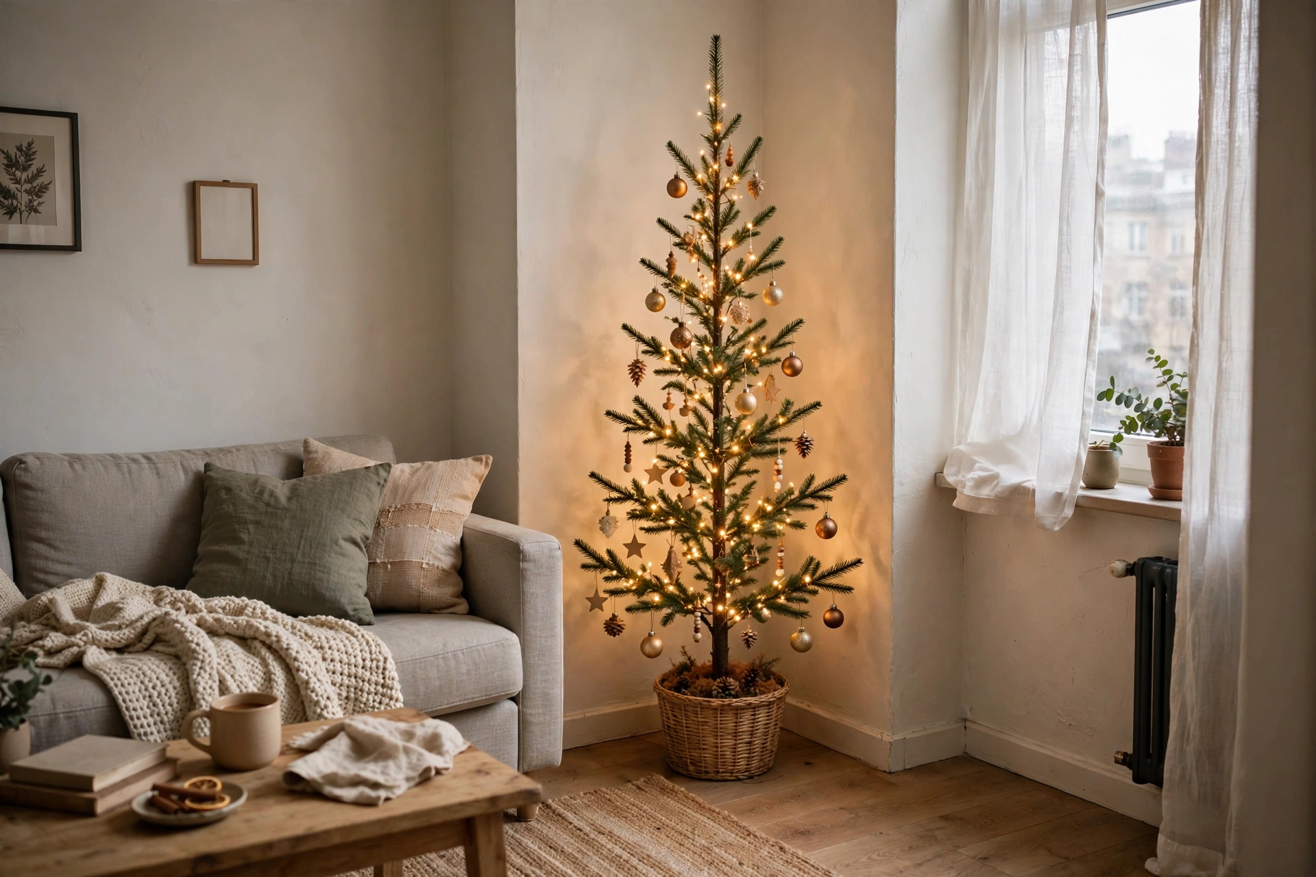 Slim pencil Christmas tree with warm white lights tucked into the corner of a small apartment living room