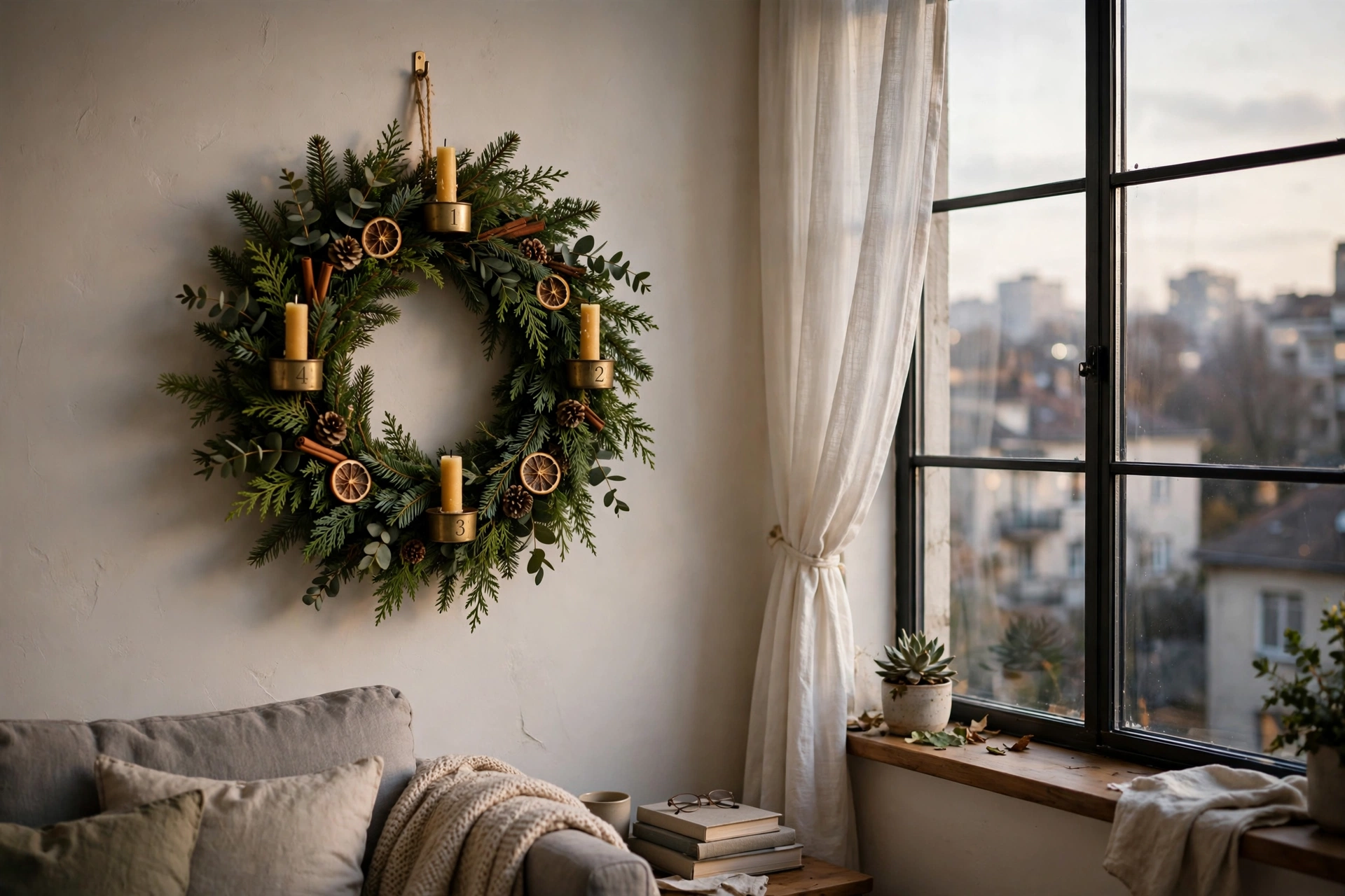 Wall-mounted advent wreath with numbered mini stockings hanging on a small apartment wall