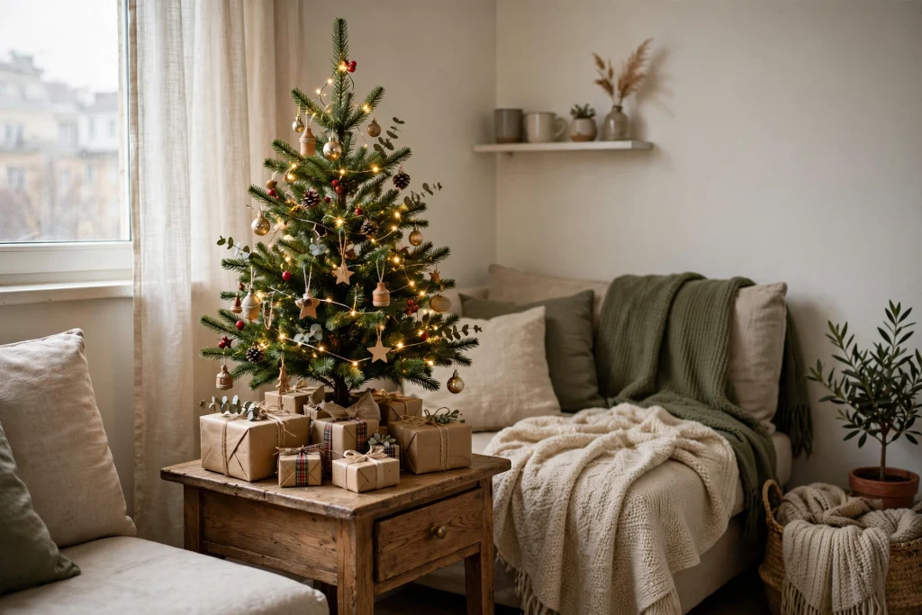 Tabletop Christmas tree on a side table in a small apartment living room