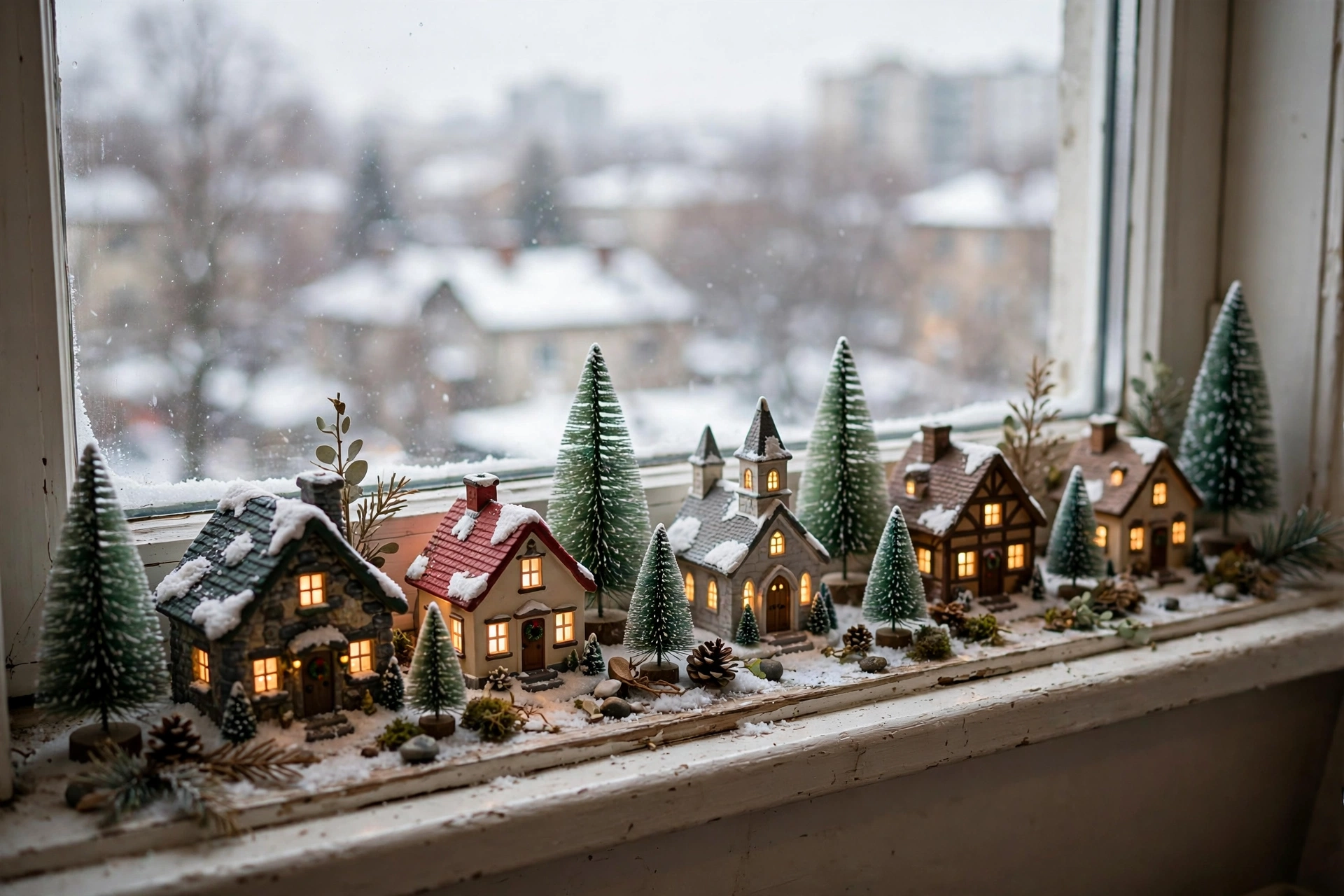 Glowing bottle-brush Christmas village with tiny houses and battery tea lights on a window sill