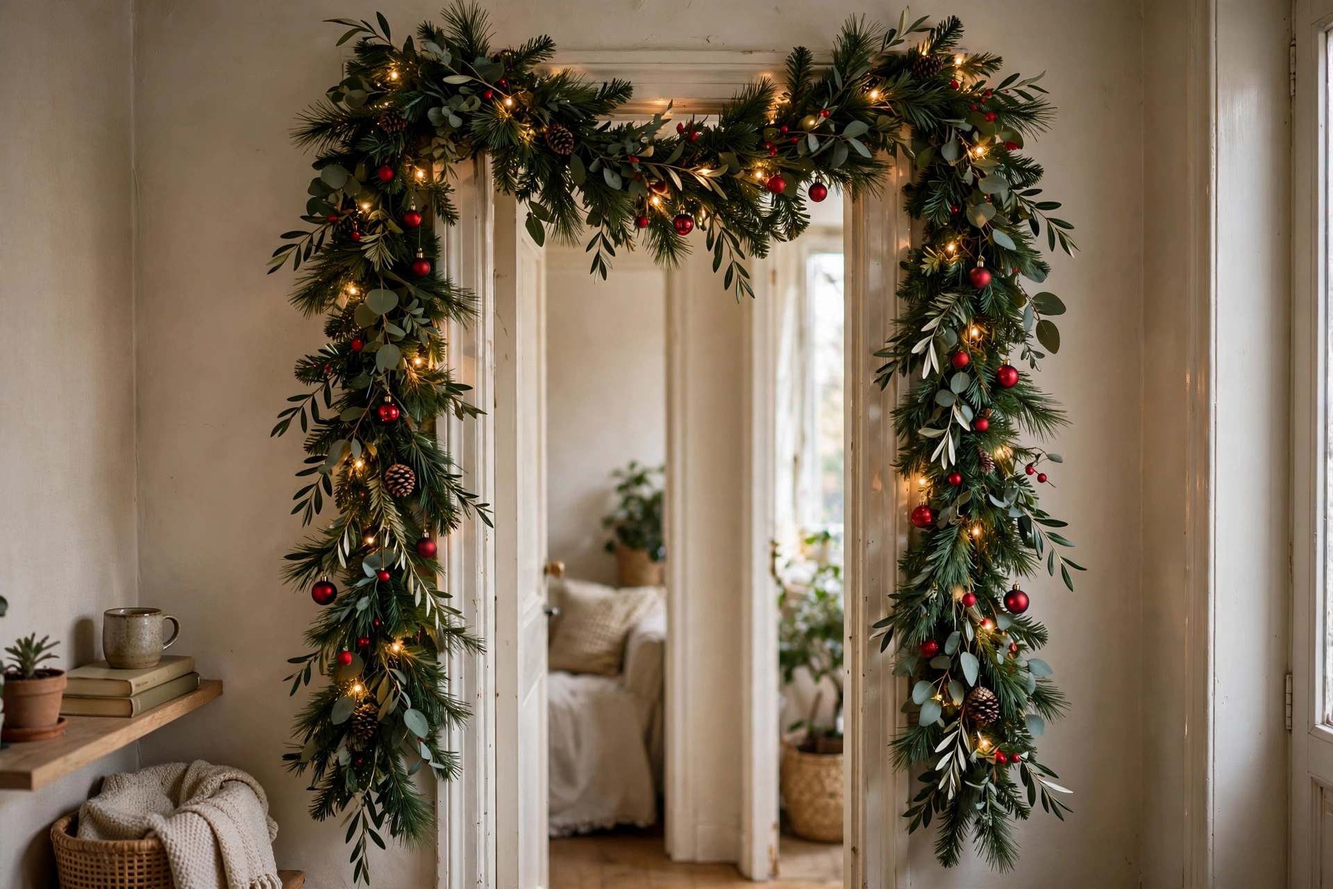 Slim green Christmas garland with small ornaments draped over a doorway