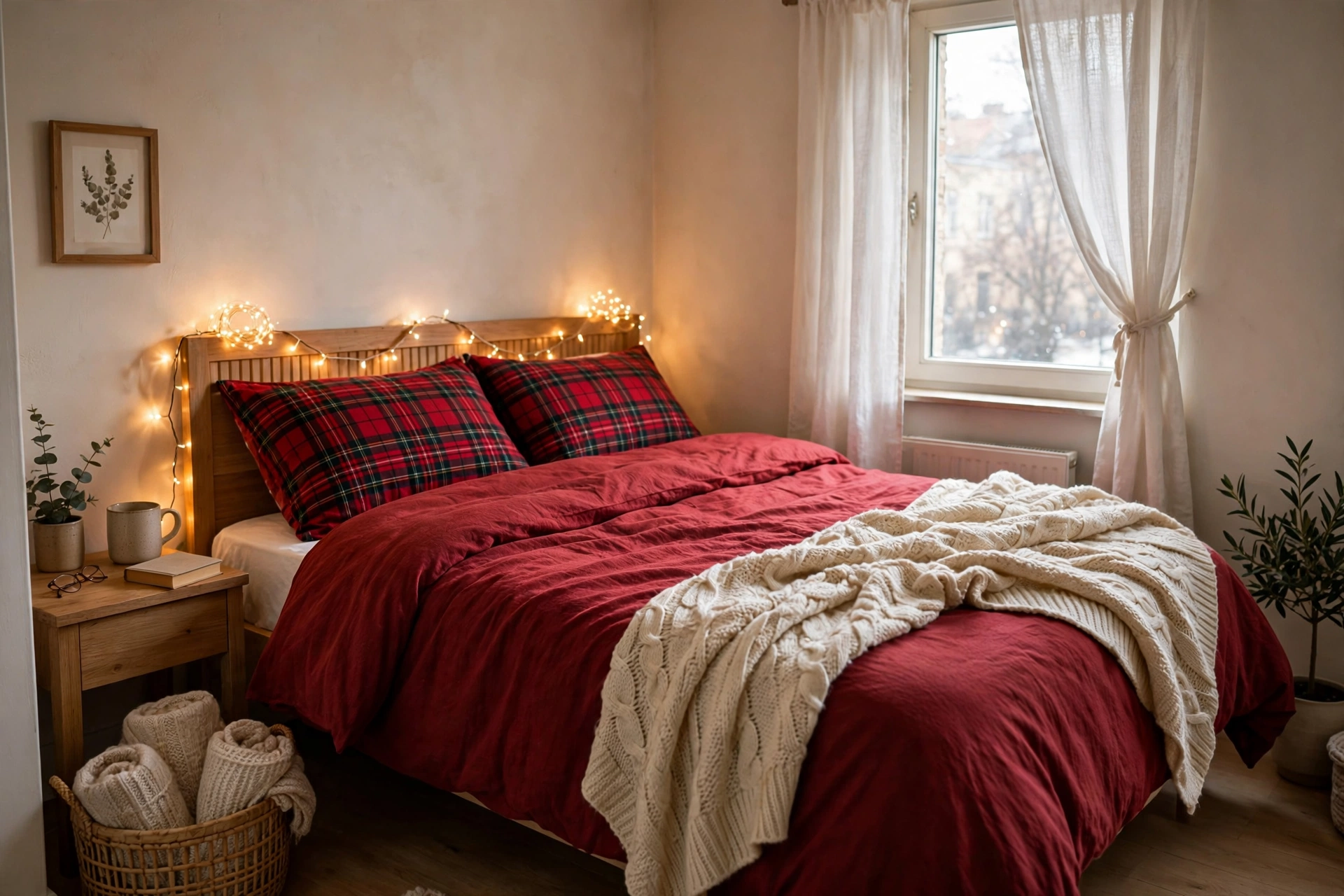 Studio apartment bed styled with deep red Christmas bedding, plaid duvet and fair-isle throw