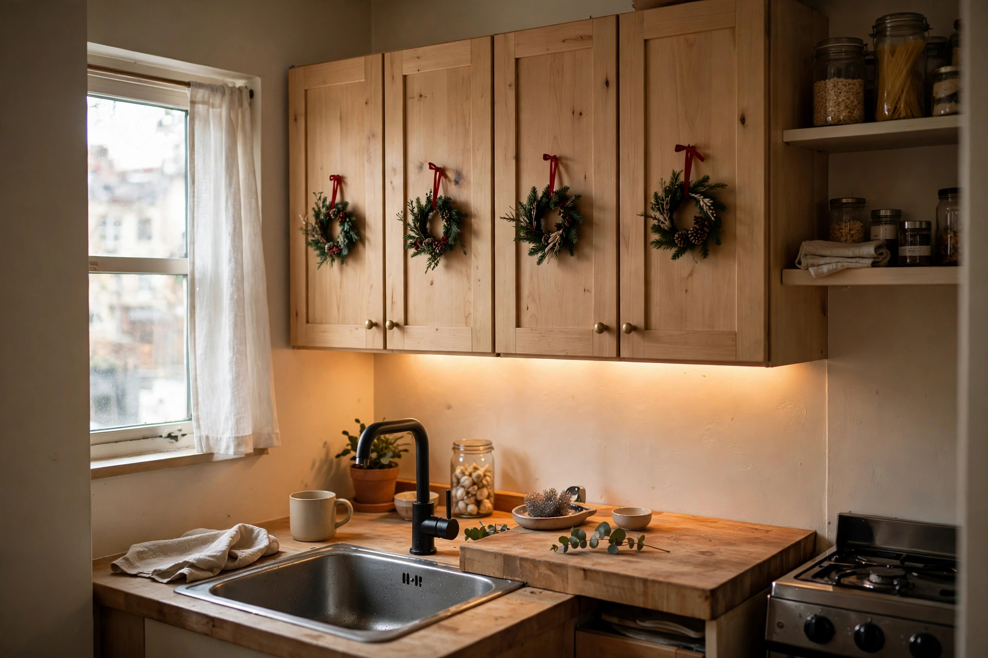 Tiny Christmas wreaths tied with ribbon hanging on kitchen cabinet doors