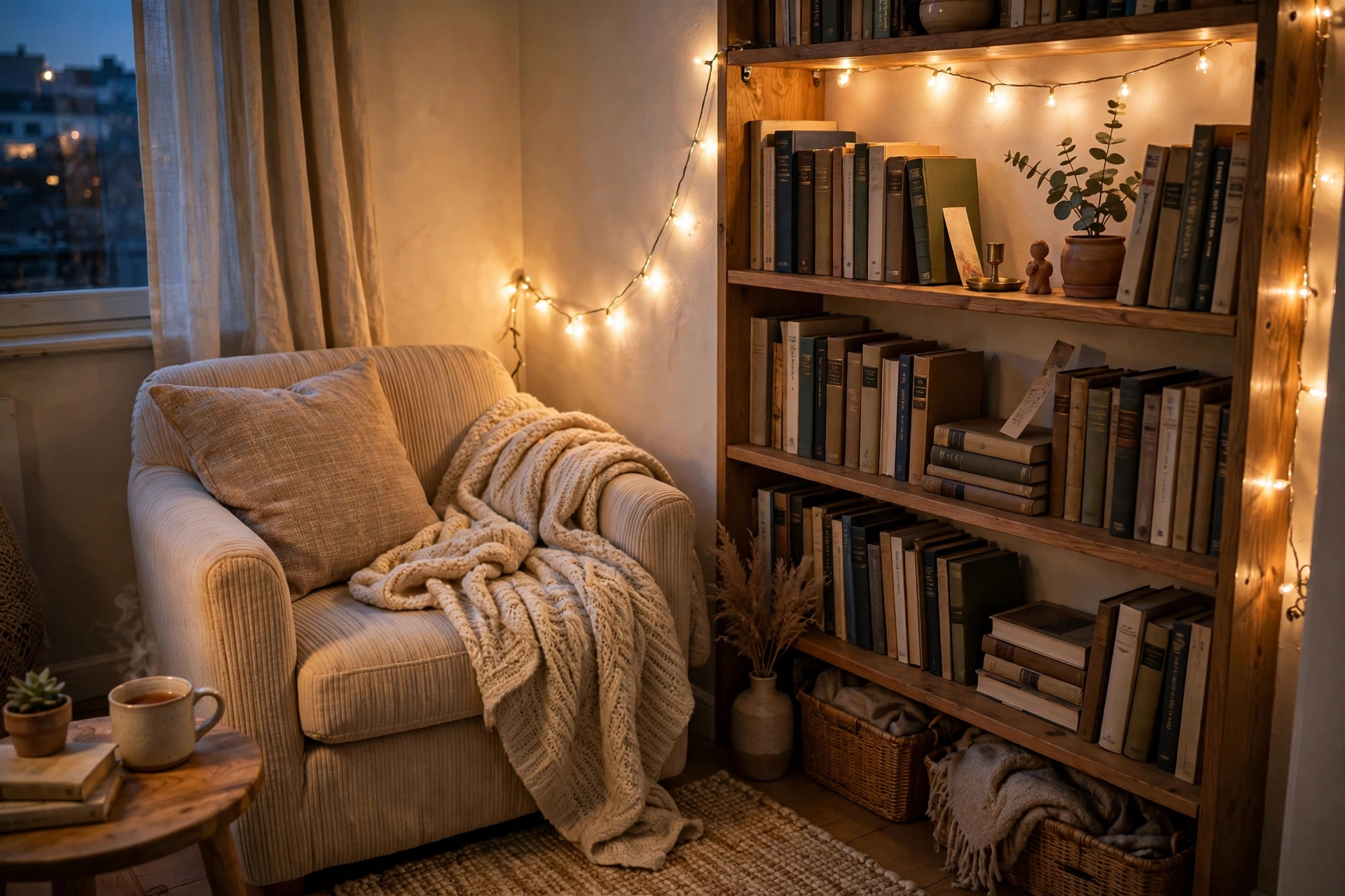 Warm-white copper-wire fairy lights woven along a bookshelf in a cosy small apartment