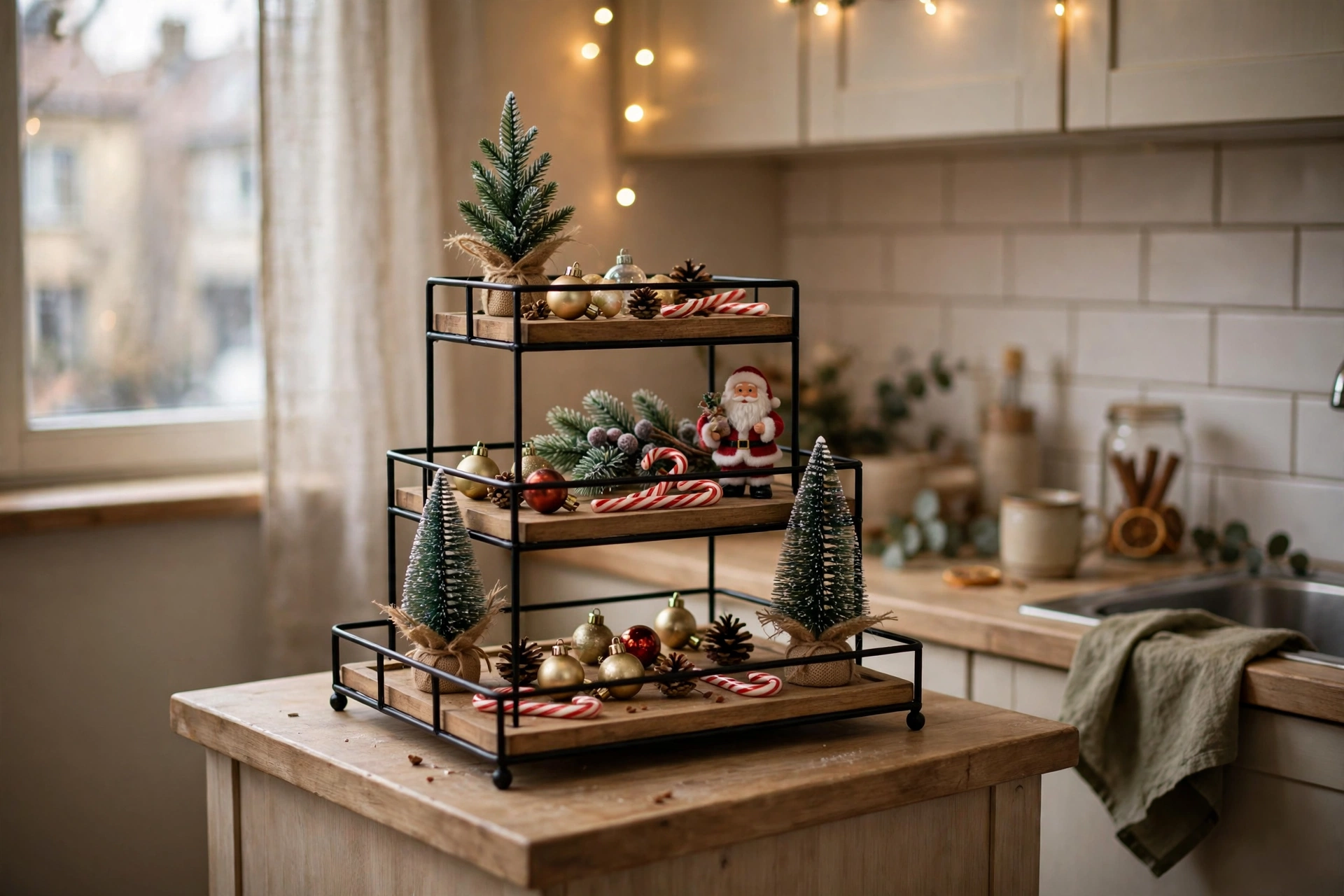 Two-tiered tray holding mini Christmas trees, ornaments and a candle on a coffee table