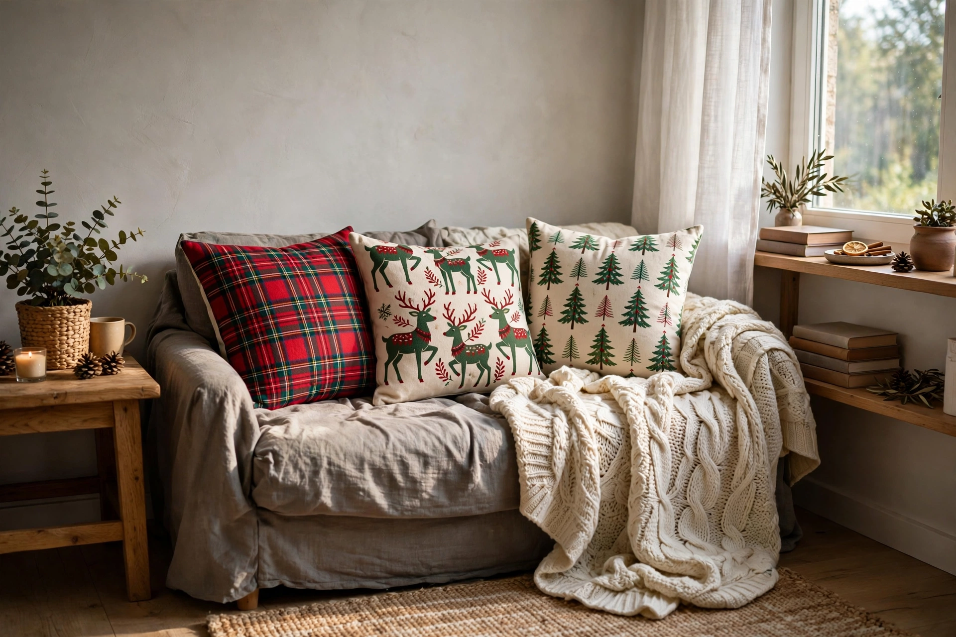 Sofa styled with Christmas throw pillow covers in plaid and fair-isle patterns