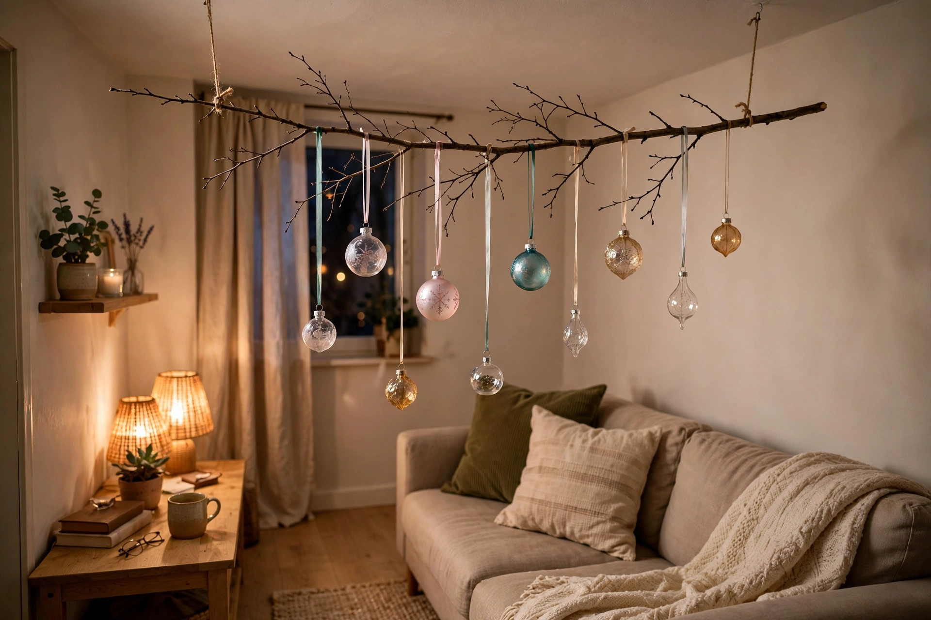 Bare branch suspended from the ceiling with lightweight hanging Christmas ornaments