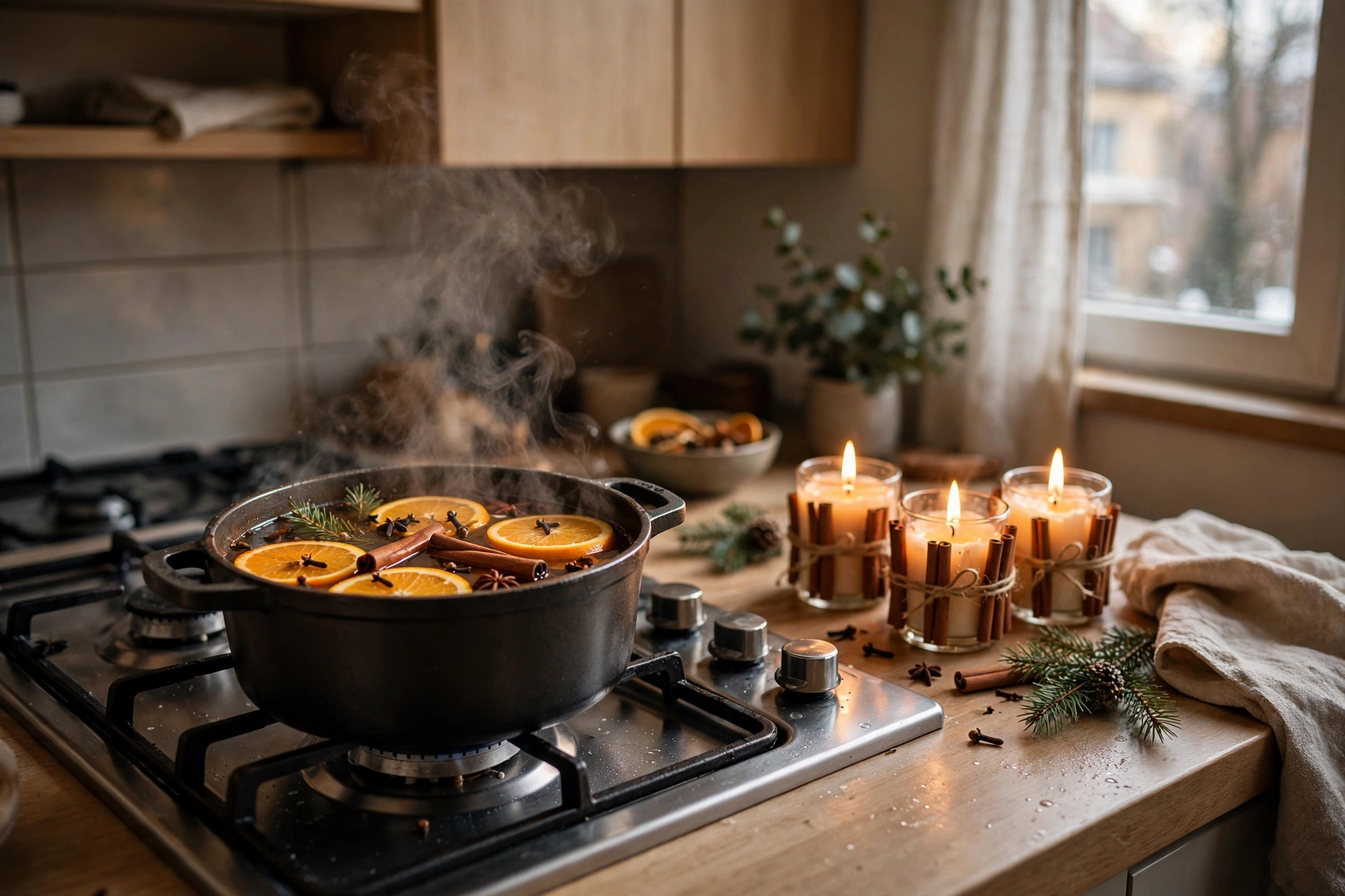Simmer pot with cinnamon sticks, cloves and orange slices scenting a small apartment for Christmas