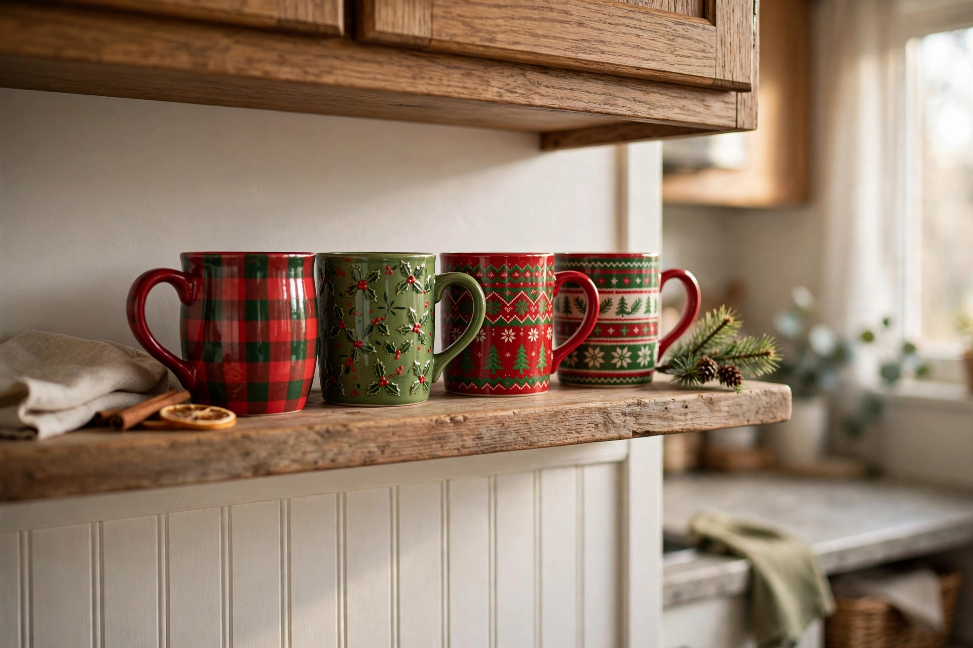 Festive vintage Christmas mugs lined up on an open kitchen shelf