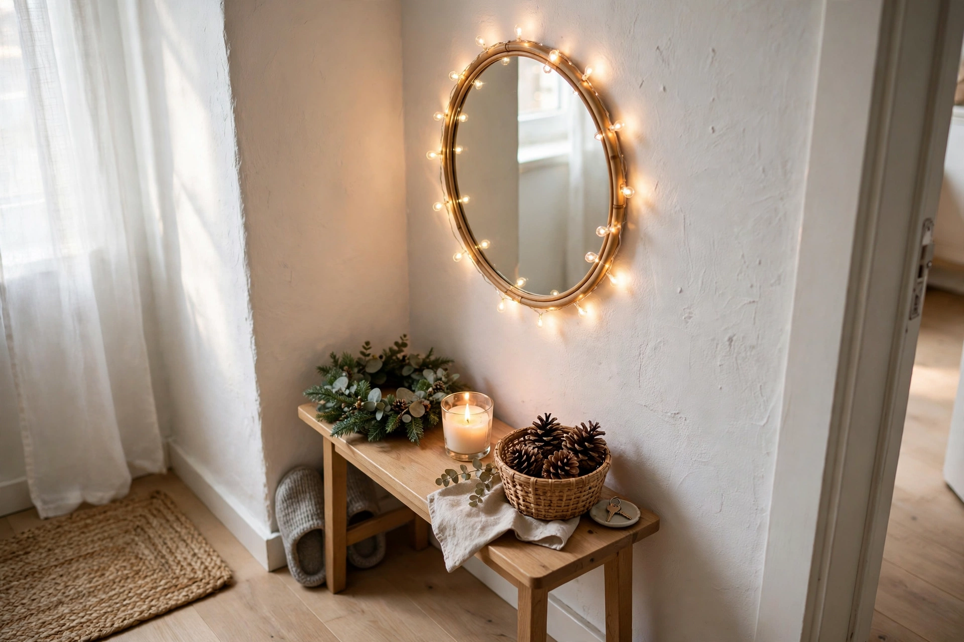 Tiny apartment entryway with a small Christmas wreath, lantern and festive doormat