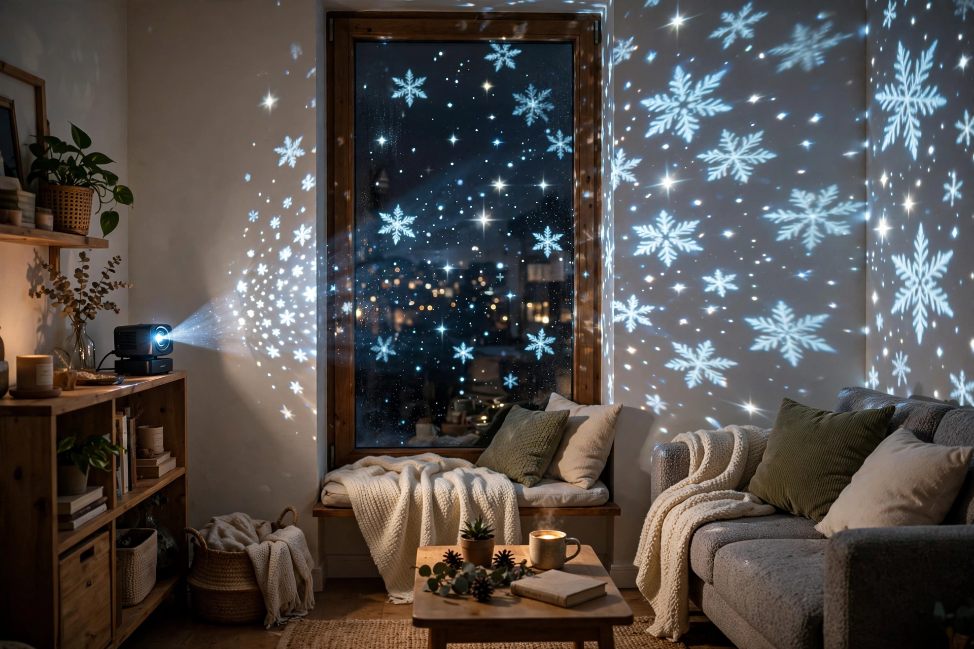 Indoor light projector casting falling snowflakes across a small bedroom ceiling